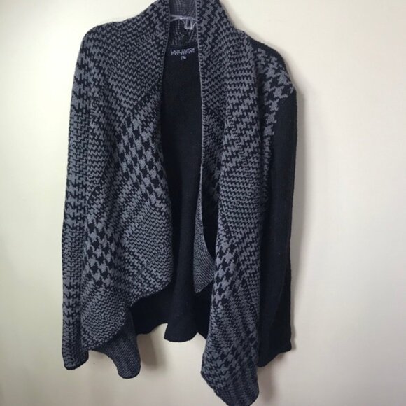 Lady Dutch Houndstooth Open Cardigan Sweater Wrap Knit Color Block Grey Black M - Picture 5 of 12